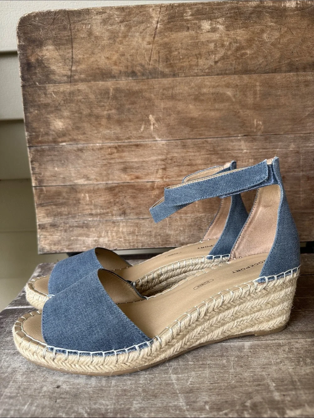 New Women’s Rockport Denim Blue Espadrille Wedge Sandals with Ankle Strap - 10